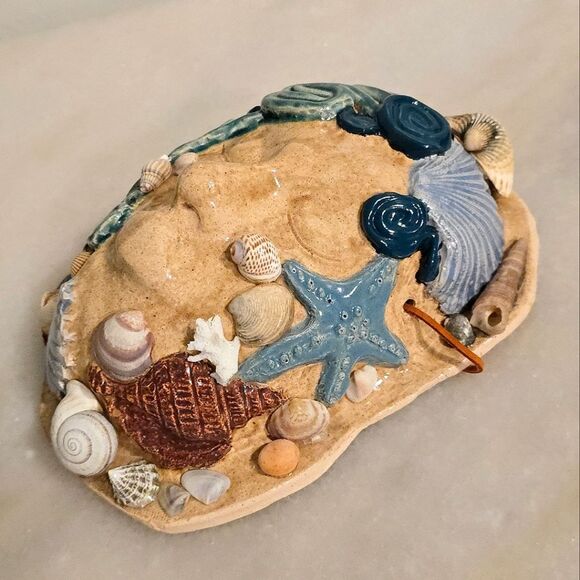 Studio Pottery Mermaid Ceramic Seashells Face Mask Wall Hanging Coastal Decor - Picture 2 of 8